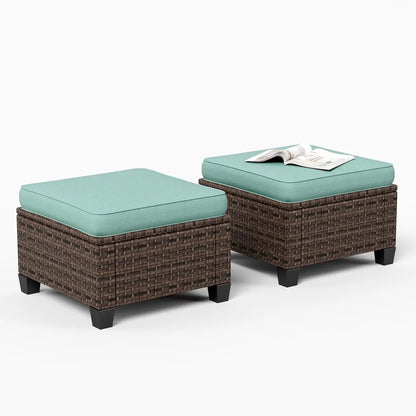 Outdoor Patio Ottomans,2 Pieces All Weather Wicker Ottomans with 4" Thick Cushions.