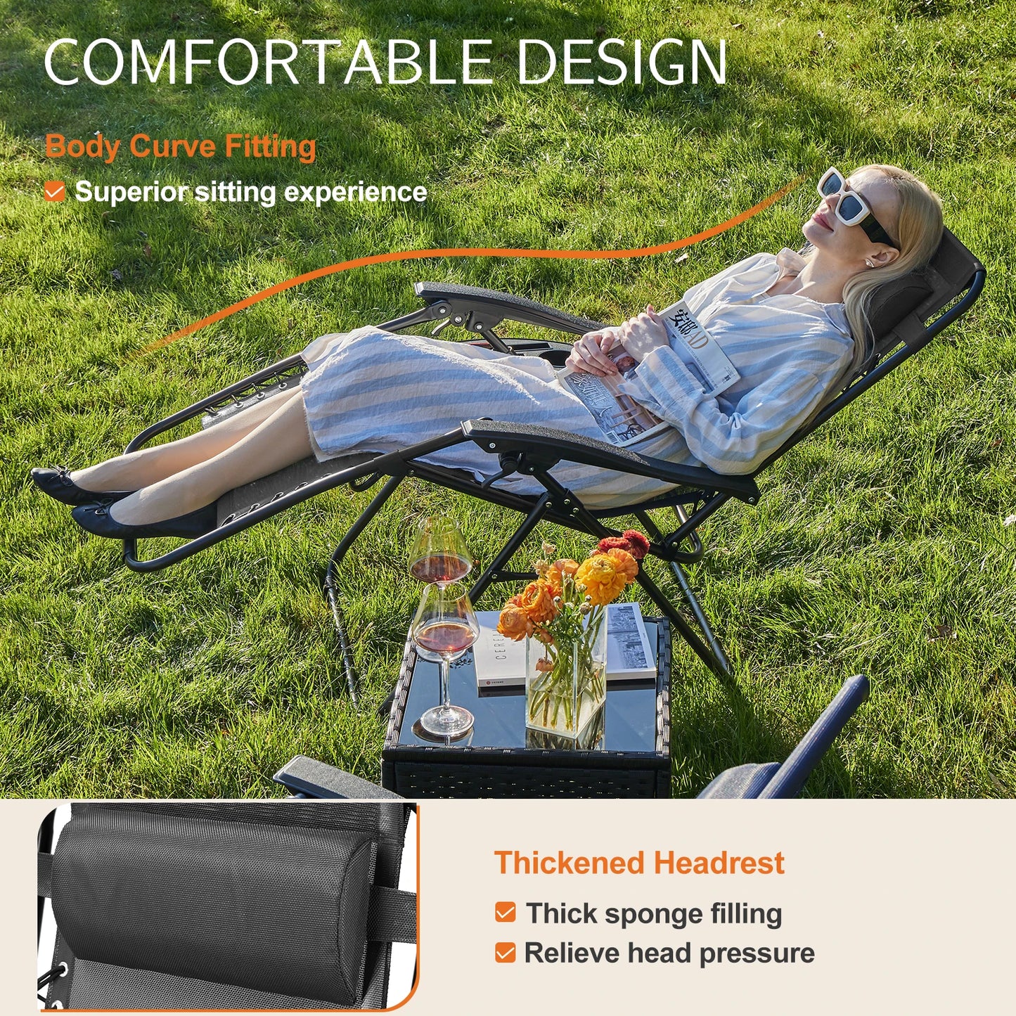 Zero Gravity Set of 2 Portable Recliner, Patio Outdoor Lounge Chair with Cup Holder, Adjustable Pillow.