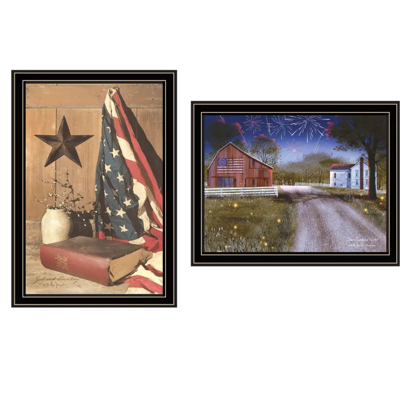 Trendy Decor 4U 2- Piece Vignette Star Spangled Night, God & Country Black Framed Wall Art.