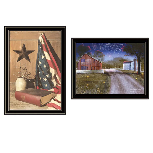 Trendy Decor 4U 2- Piece Vignette Star Spangled Night, God & Country Black Framed Wall Art.
