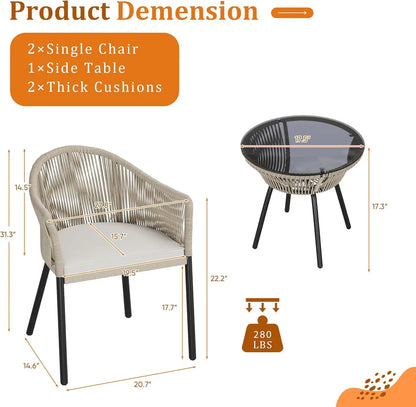 Patio Furniture Set 3 Pcs Rope Woven Bistro Set Outdoor Set, 2 Wide Chairs, Cushions & Tempered Glass Table