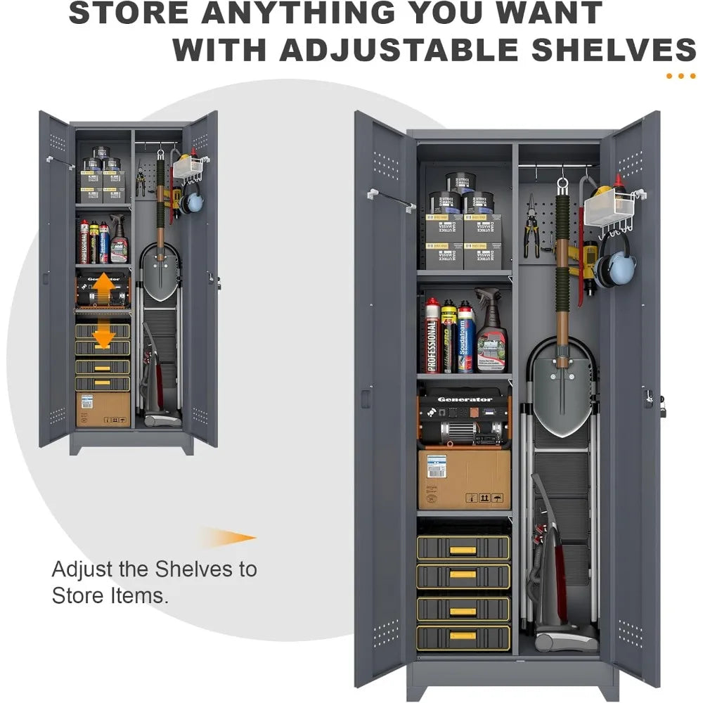 Steel Locking Cabinet with Hanging Rod, Storage with Doors and Hooks, Tall Broom Tool Cabinets