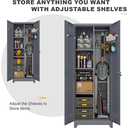 Steel Locking Cabinet with Hanging Rod, Storage with Doors and Hooks, Tall Broom Tool Cabinets