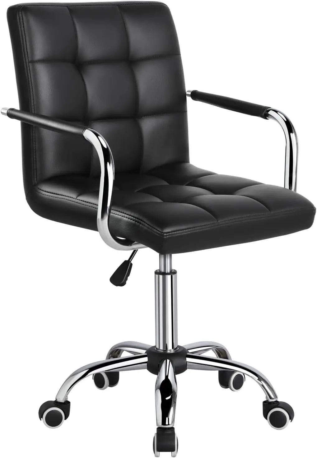 White Desk Chairs with Wheels/Armrests Modern PU Leather Office Chair Midback Adjustable Home Executive Chair 360°