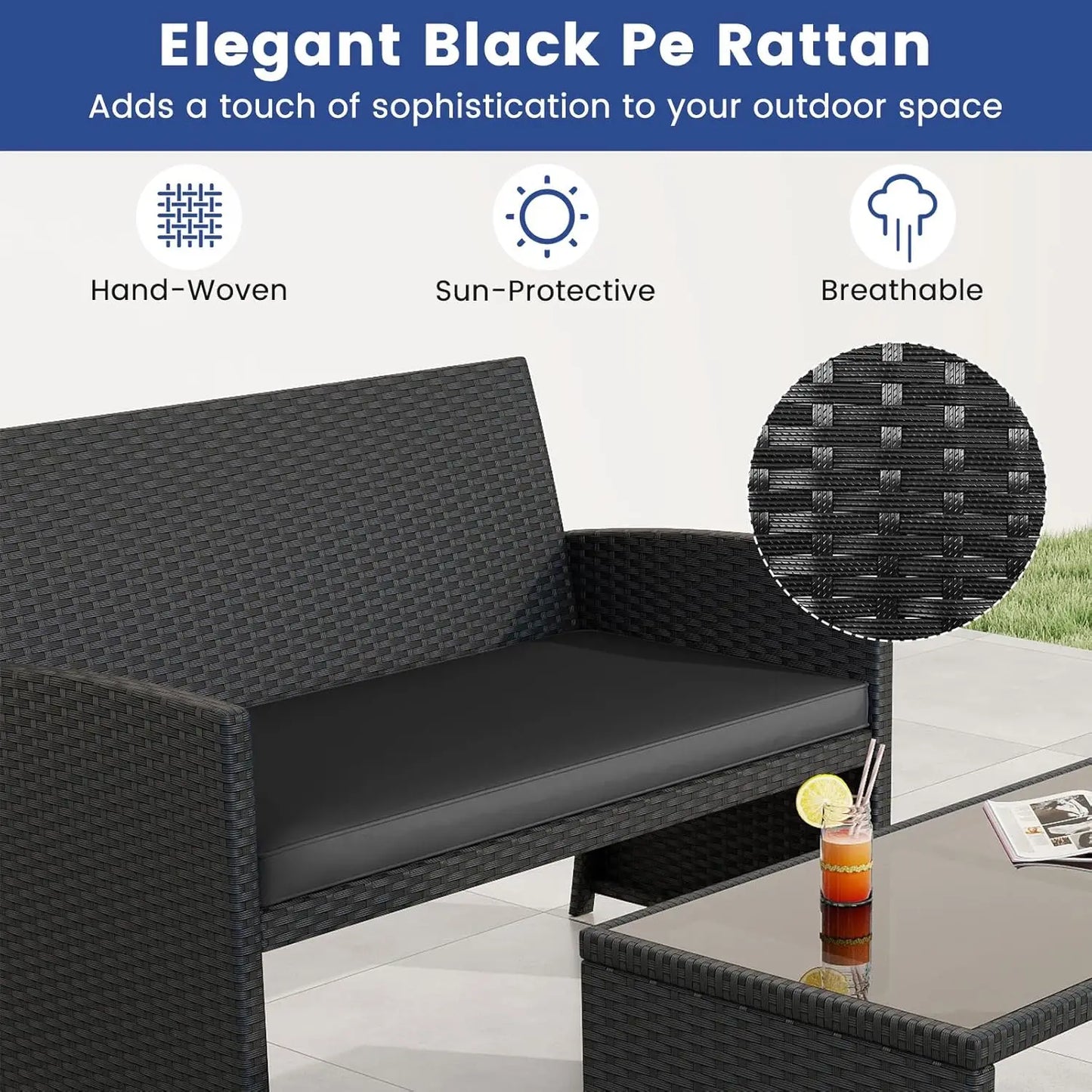 4 Pieces Patio Wicker Furniture Set, Rattan Cushioned Chairs, Loveseat and Tempered Glass Coffee.