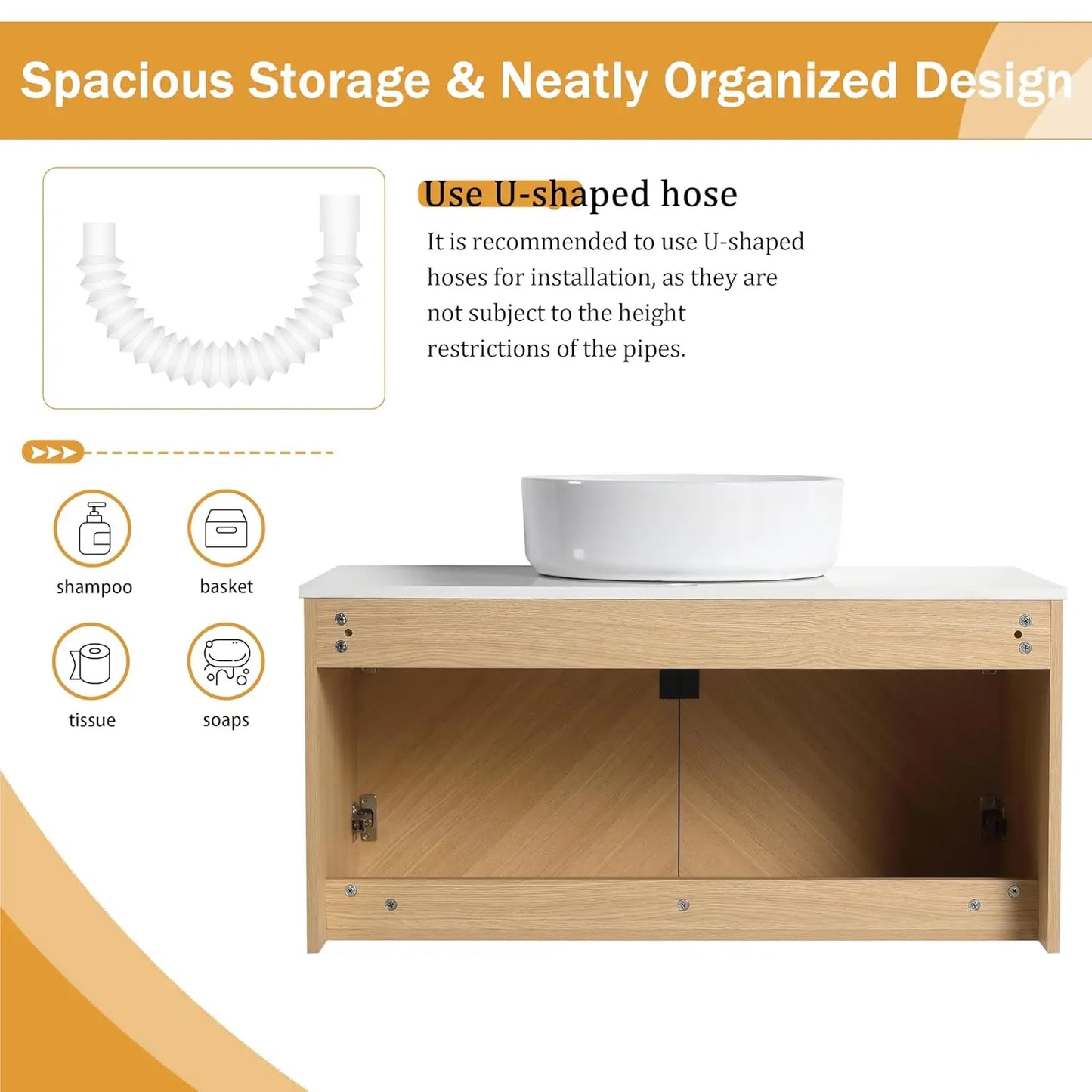 36 Inch Floating Bathroom Vanity with Sink Top Combo, Wood Single Sink.