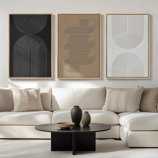 Large Framed Black and White Neutral Abstract Wall Art for Living Room, 3 Piece Boho Canvas Prints.
