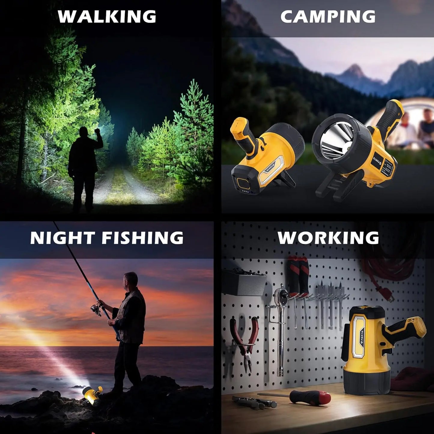 200,000 Lumens Rechargeable Spotlight with Foldable Stand, 6 Modes IPX7 Waterproof LED Light for Outdoor Activities