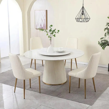 Modern Sintered Stone Dining Table Set with Round Turntable and 8 Chairs on Exquisite Pedestal