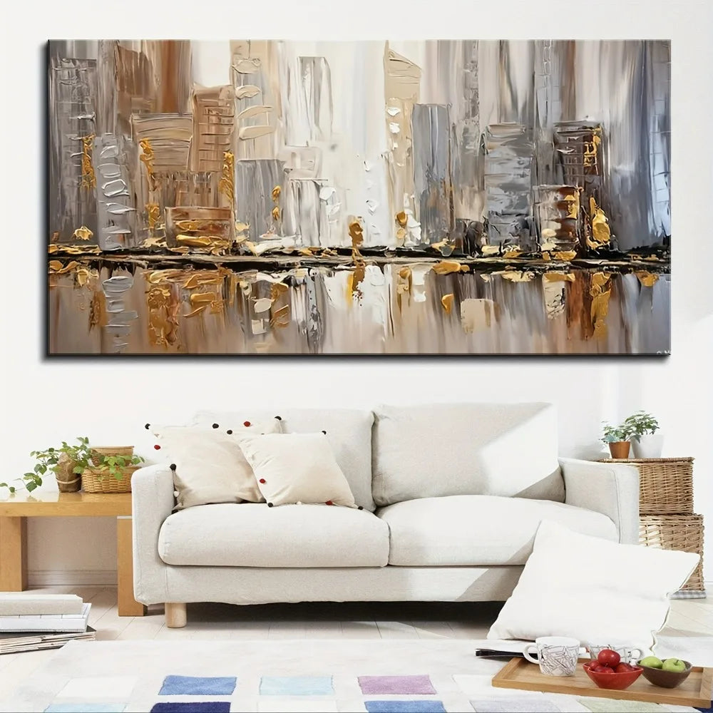 Large modern abstract oil painting, pine frame - elegant Art Deco - neutral tones- gold accents