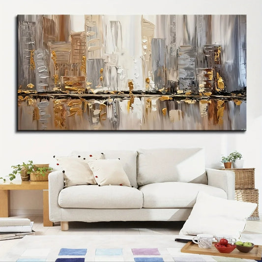 Large modern abstract oil painting, pine frame - elegant Art Deco - neutral tones- gold accents