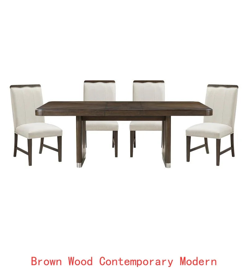 Modern Brown Finish 7-Piece Dining Set with Round Table and 6 Beige Upholstered Side Chairs.