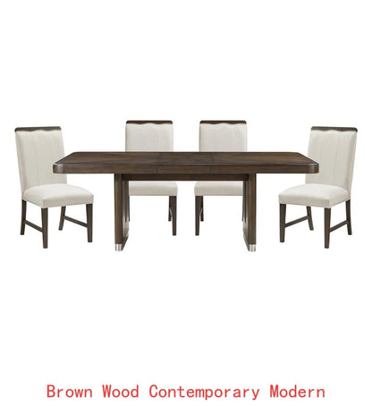 Modern Brown Finish 7-Piece Dining Set with Round Table and 6 Beige Upholstered Side Chairs.