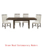 Modern Brown Finish 7-Piece Dining Set with Round Table and 6 Beige Upholstered Side Chairs.