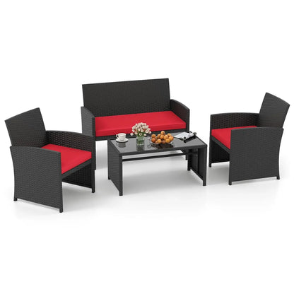 4 Pieces Patio Wicker Furniture Set, Rattan Cushioned Chairs, Loveseat and Tempered Glass Coffee.