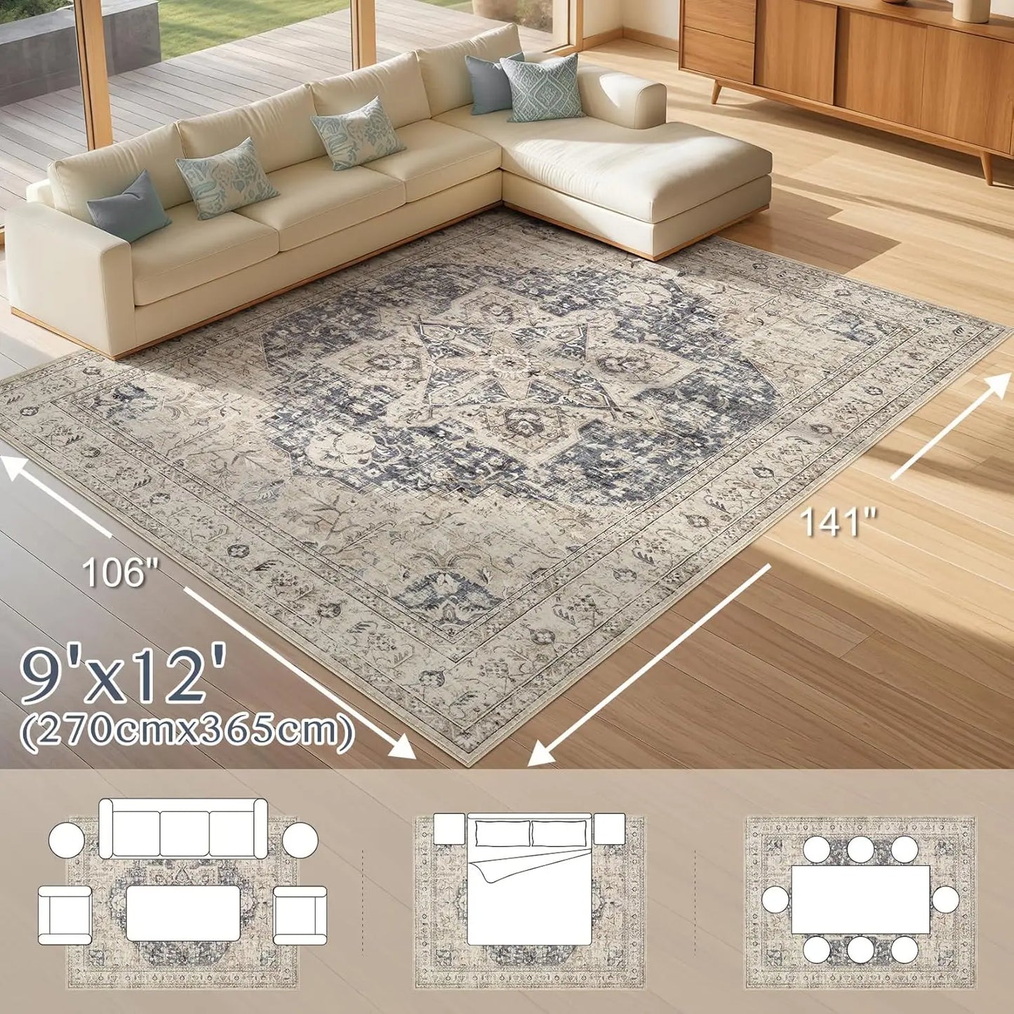 Washable 9x12 Vintage Oriental Area Rug for Living Room Bedroom, Non-Slip and Spill-Resistant