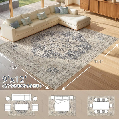Washable 9x12 Vintage Oriental Area Rug for Living Room Bedroom, Non-Slip and Spill-Resistant