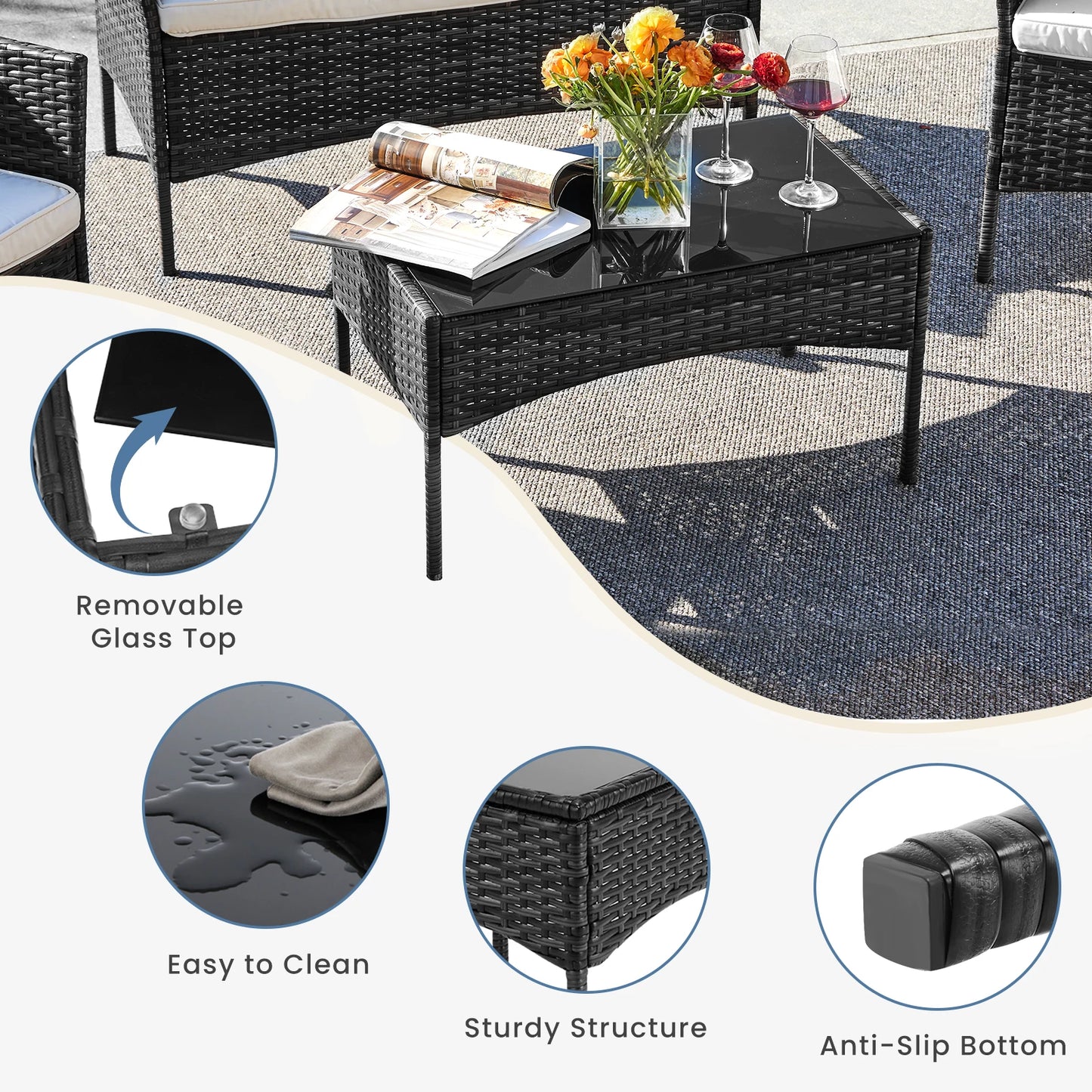 4 Piece Outdoor Patio Furniture Set with Soft Cushion, Glass Table Manual Weaving Wicker Rattan.