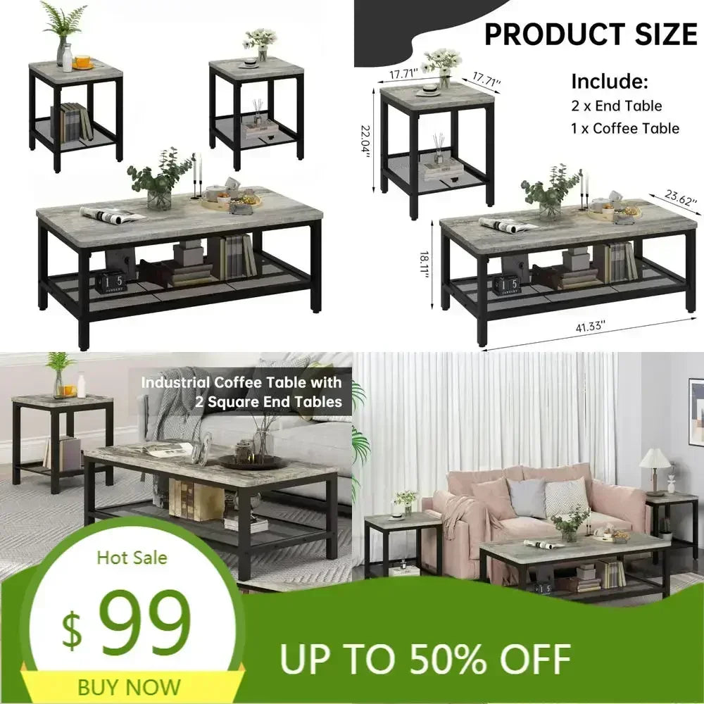 Industrial Style 3-Piece Coffee Table Set: Modern Living Room Furniture with Square Side Tables