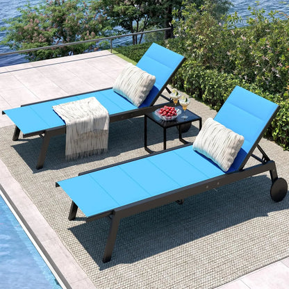3 Pieces Patio Chaise Chairs Set, Pool Loungers with Side Table, with Wheels, Adjustable Position
