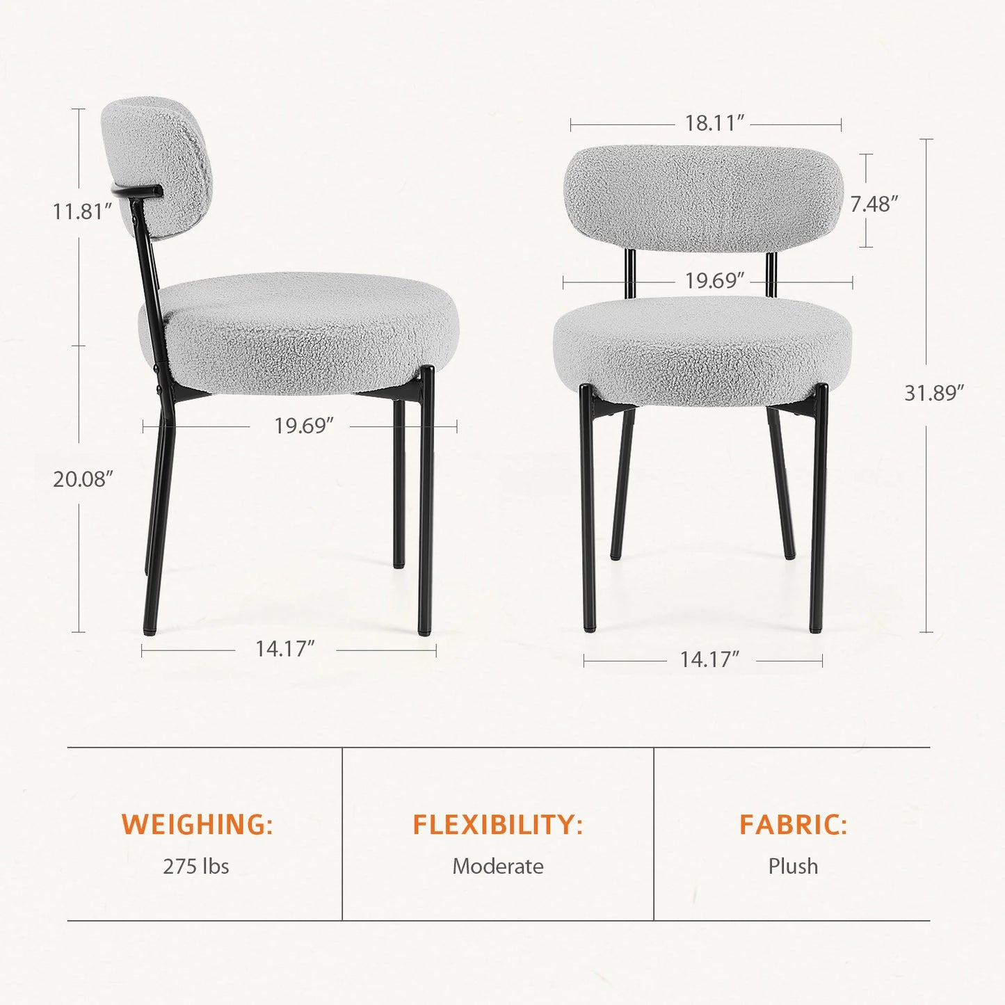 Ergonomic Round Dining Chairs Set of 2 Plush Fabric Kitchen Chairs with Curved Backrest Metal Legs.