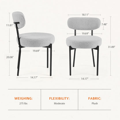 Ergonomic Round Dining Chairs Set of 2 Plush Fabric Kitchen Chairs with Curved Backrest Metal Legs.