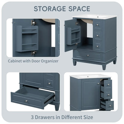 24" Bathroom Vanity with Sink,  Free Standing Single Vanity, with 3 Drawers and One Door, Customized