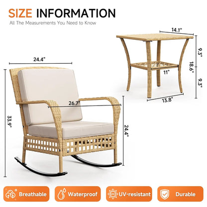 Outdoor Rocking Chair, 3 Pieces Wicker Rocking Bistro Set with Rattan Table.