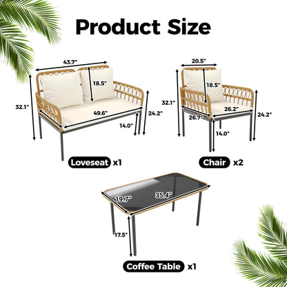 4-Piece Rattan Patio Set with Loveseat, 2 Chairs & Glass Table, Outdoor Furniture For Backyard- Porch.