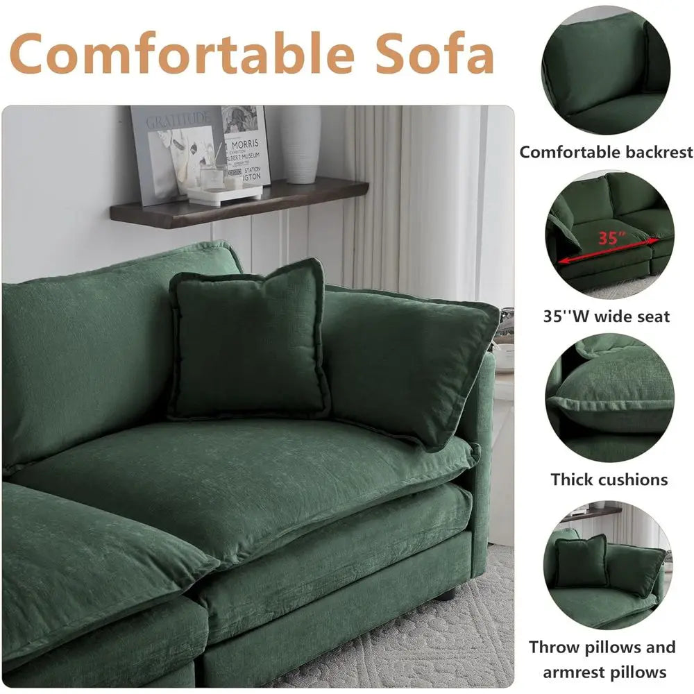Luxury Sofa Set with Removable Ottoman, 3-Piece Living Room Furniture, Green Velvet.