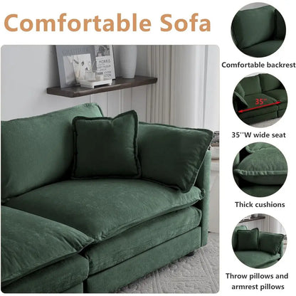 Luxury Sofa Set with Removable Ottoman, 3-Piece Living Room Furniture, Green Velvet.