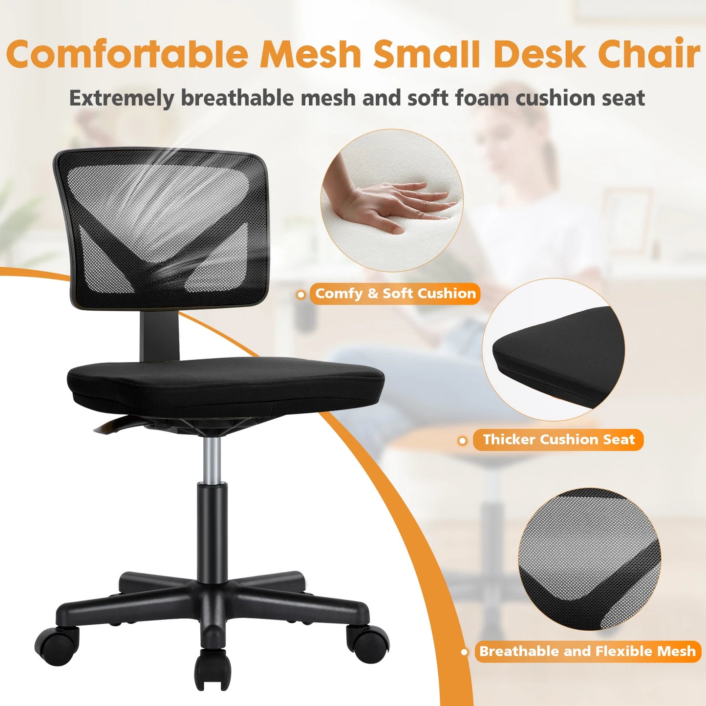 Mesh with Lumbar Support Armless Office Chair Low Back with Wheels Adjustable Height, Rolling Swivel Computer Chair