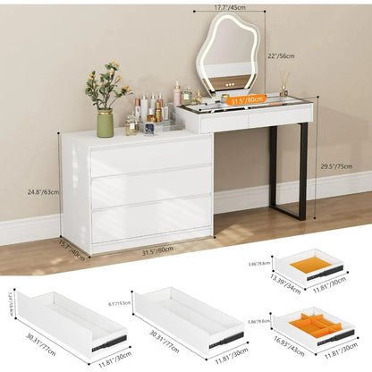 Modern L-Shaped Corner Vanity Desk with Glass Top, Mirror, and Lighting, Two Drawers.