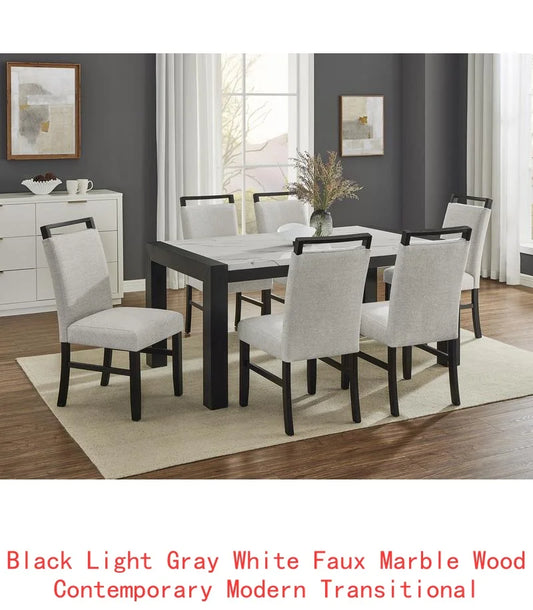 Contemporary 7pc Dining Set with White Faux Marble Rectangular Table and Full Back Upholstered Chairs.