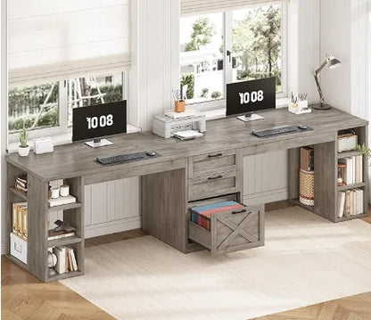 96.5" Computer Desk with Drawers,2 Person Home Office Desk, Double Desk with Storage Shelves.