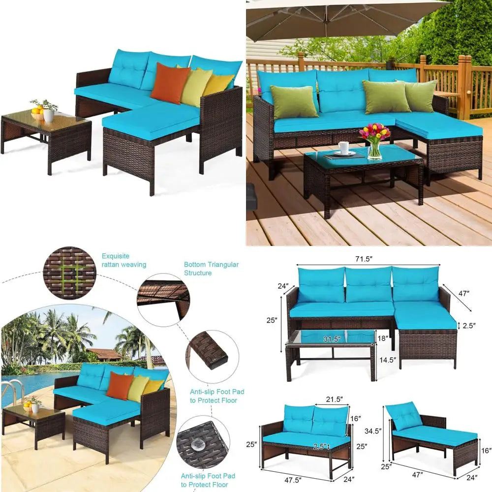 3-Piece Outdoor Rattan Sofa Set with Lounge Chaise and Loveseat Table for Patio.