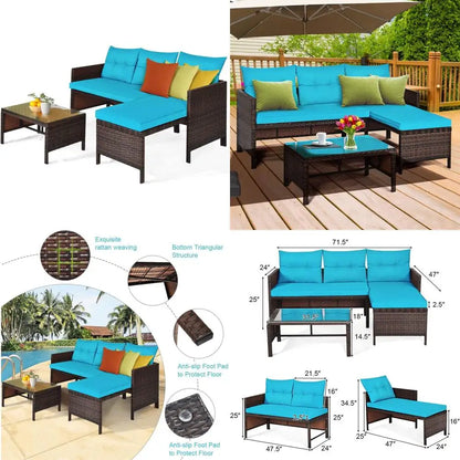 3-Piece Outdoor Rattan Sofa Set with Lounge Chaise and Loveseat Table for Patio.