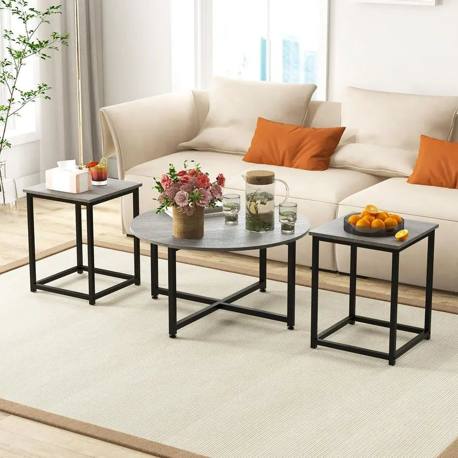 Coffee Table Set of 3, Wood Grain Round Coffee Table and 2 Square End Side Tables, Metal Frame, 3Piece Living Room