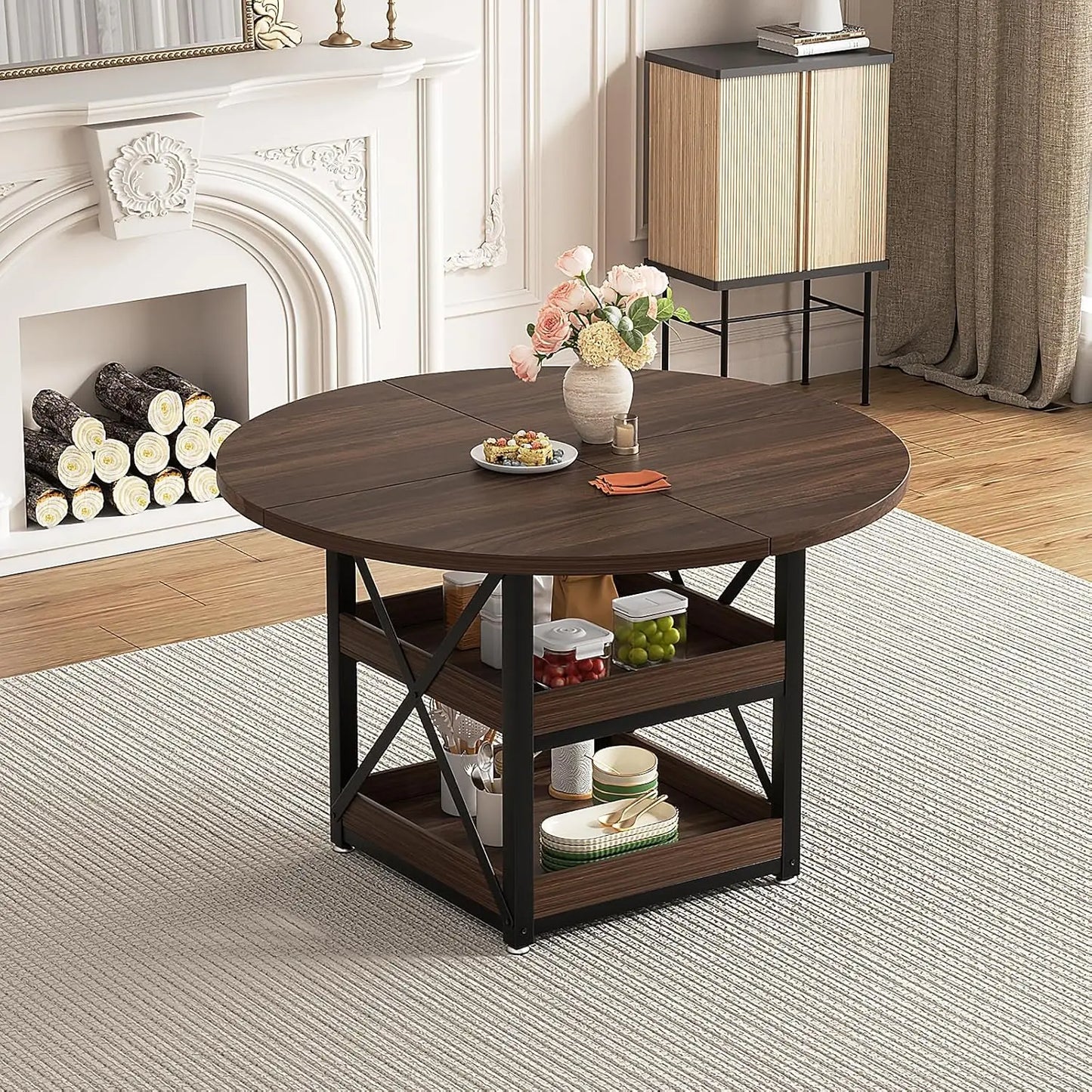 5-Piece Round Dining Table Set with Storage, with 4 PU Leather Chairs, Space Saving.
