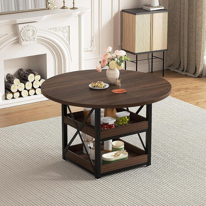 5-Piece Round Dining Table Set with Storage, with 4 PU Leather Chairs, Space Saving.