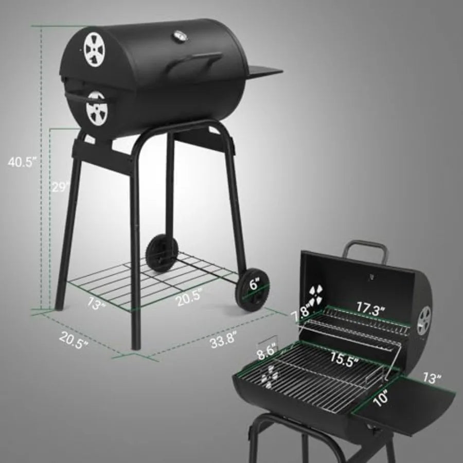 Barrel Charcoal Grill with Side Table, Wheels for Outdoor Cooking in Patio Backyard Durable Smoker Grill