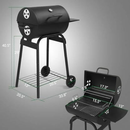 Barrel Charcoal Grill with Side Table, Wheels for Outdoor Cooking in Patio Backyard Durable Smoker Grill