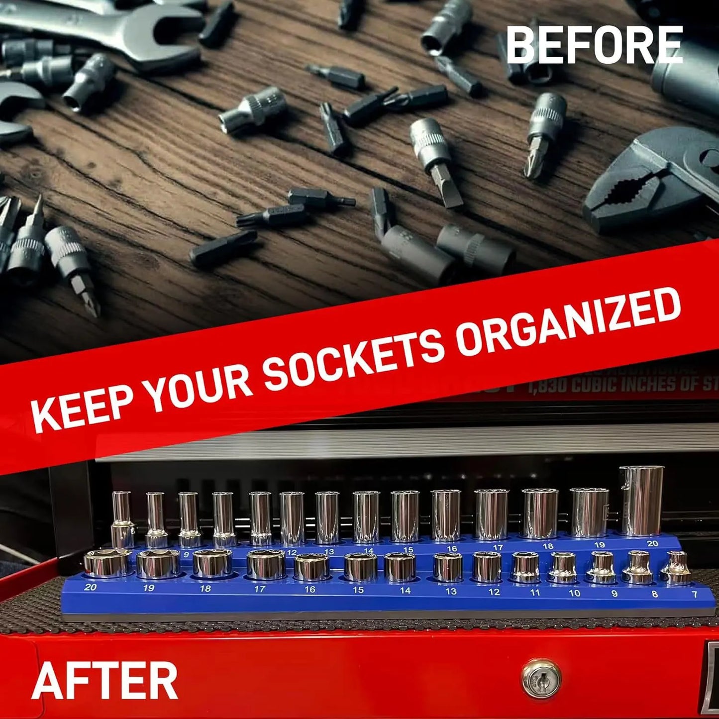 Magnetic Socket Organizer, 6-Piece Tool Organizers 1/2 inch, 3/8 inch,1/4 inch DriveHolds 143 Pcs Standard and Deep Size Sockets