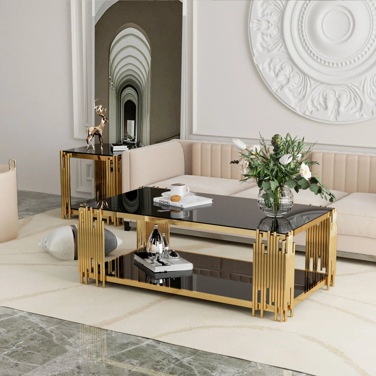 Stainless Steel Rectangle Glass Coffee Table for Living Room.