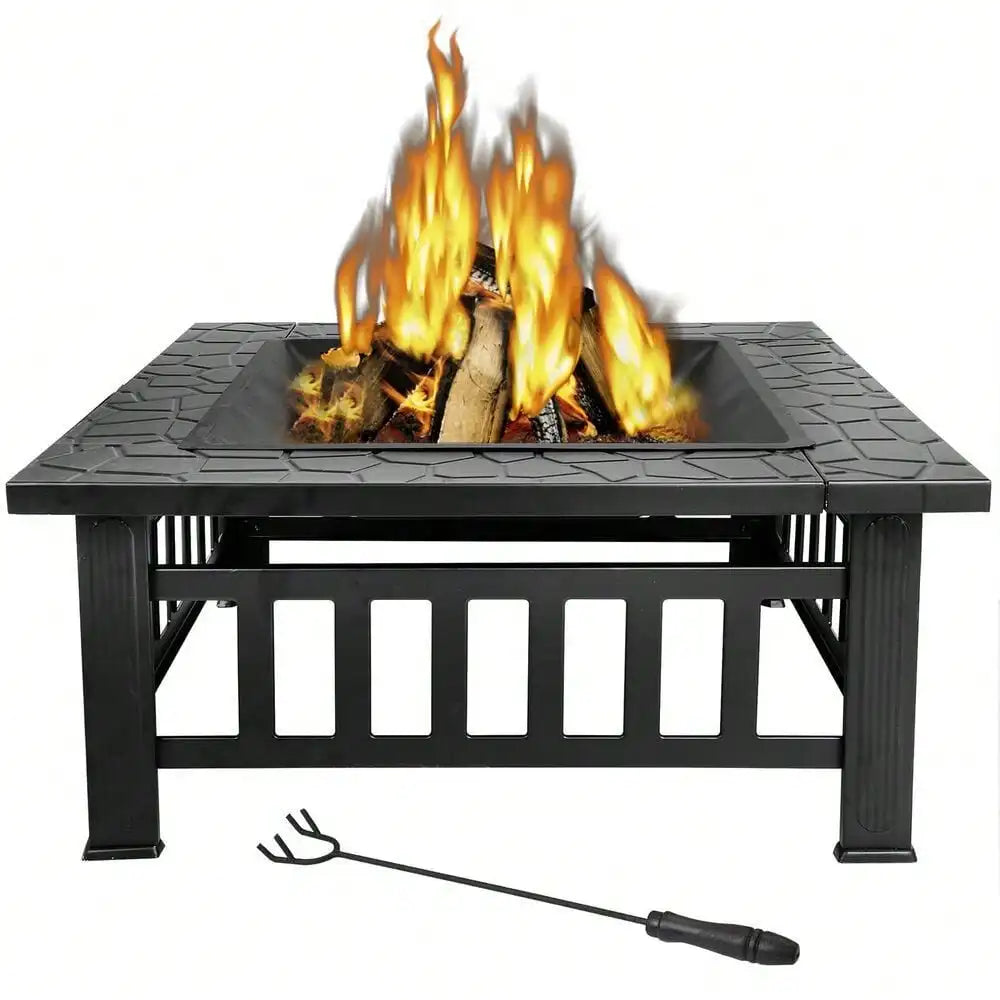 32" Metal Firepit Backyard Patio Garden Decor Square Stove Fire Pit With Cover