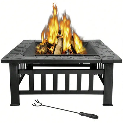 32" Metal Firepit Backyard Patio Garden Decor Square Stove Fire Pit With Cover