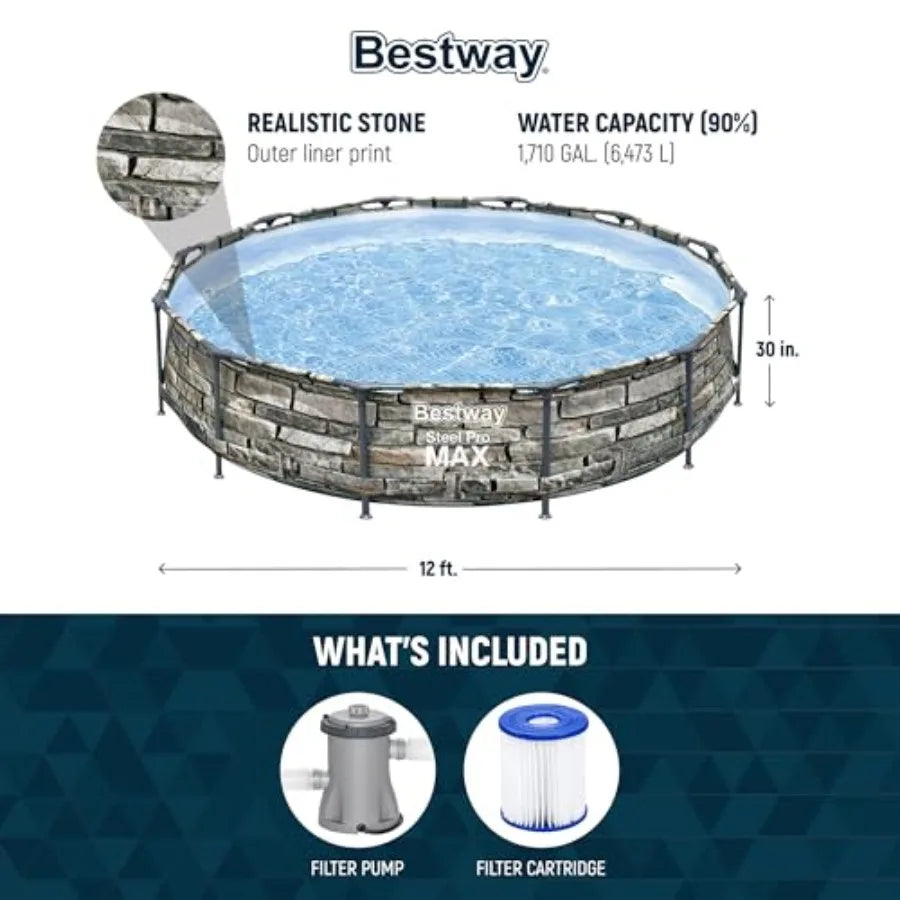 12 Foot x 30 Inch Round Above Ground Swimming Family Pool Set, Steel Frame with Filter Pump