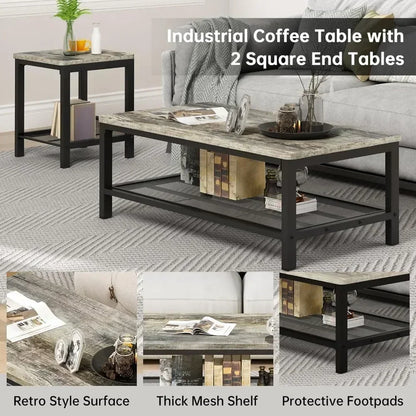 Industrial Style 3-Piece Coffee Table Set: Modern Living Room Furniture with Square Side Tables