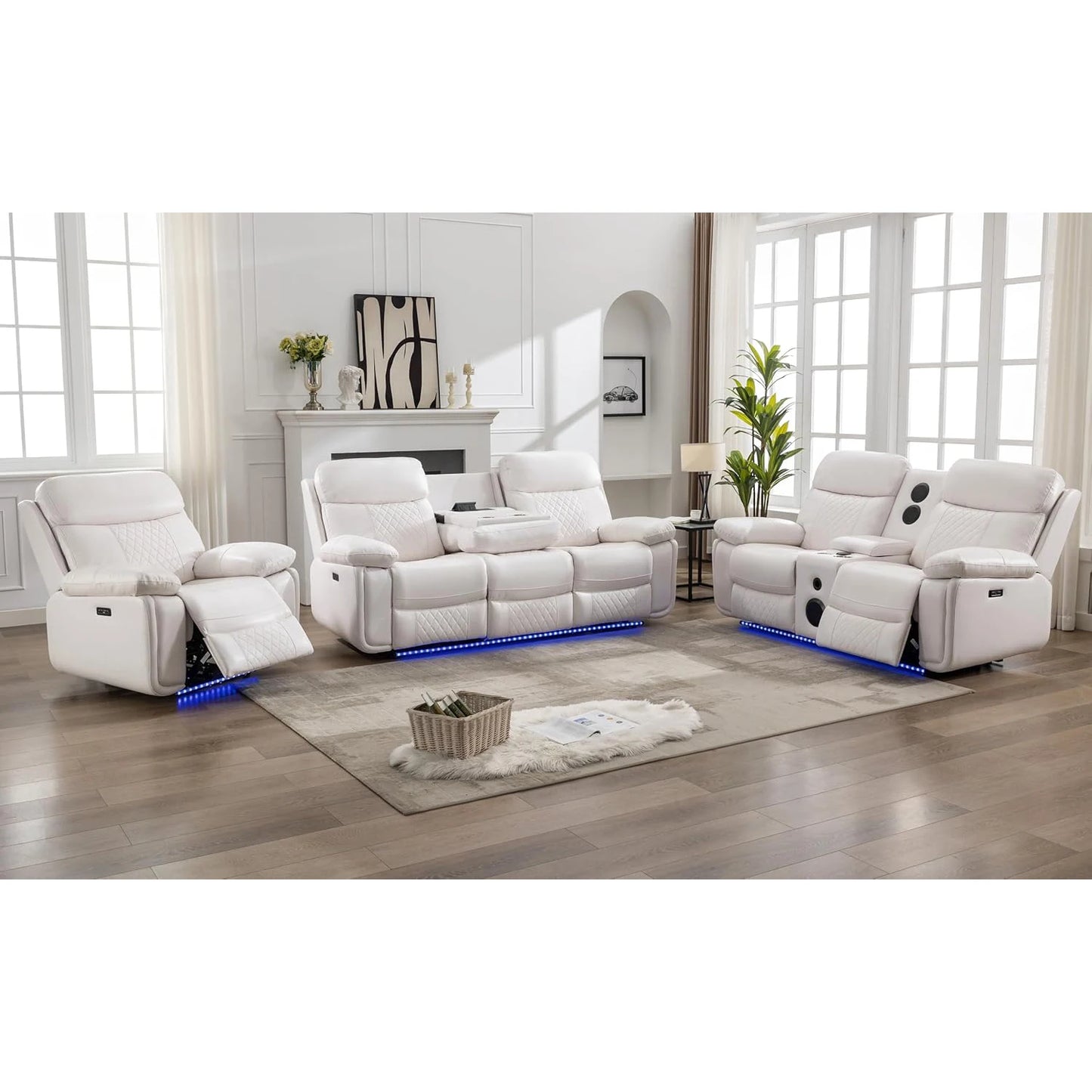 6-Seat Electric Power Recliner Sofa Set with Drop-Off Table, Wireless Charger, Faux Leather Loveseat.