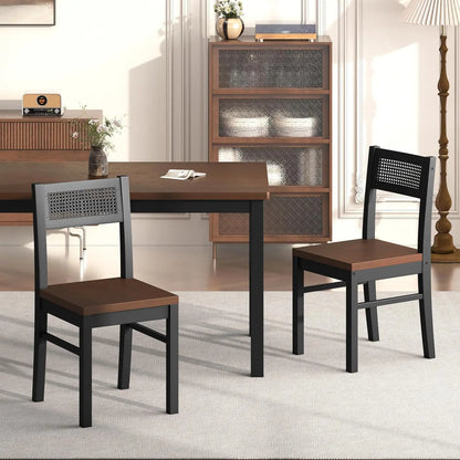 Black Dining Table Set for 4-43.3" Table and Chairs Solid Wood Legs and Woven Rattan Backs.